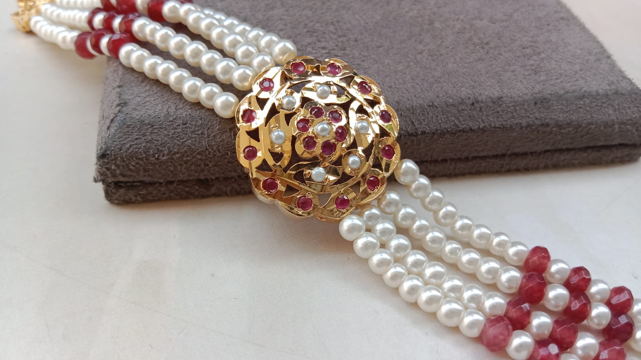 Royal Jadau Bracelet with Elegant Pearl String – Handcrafted Heritage Jewellry