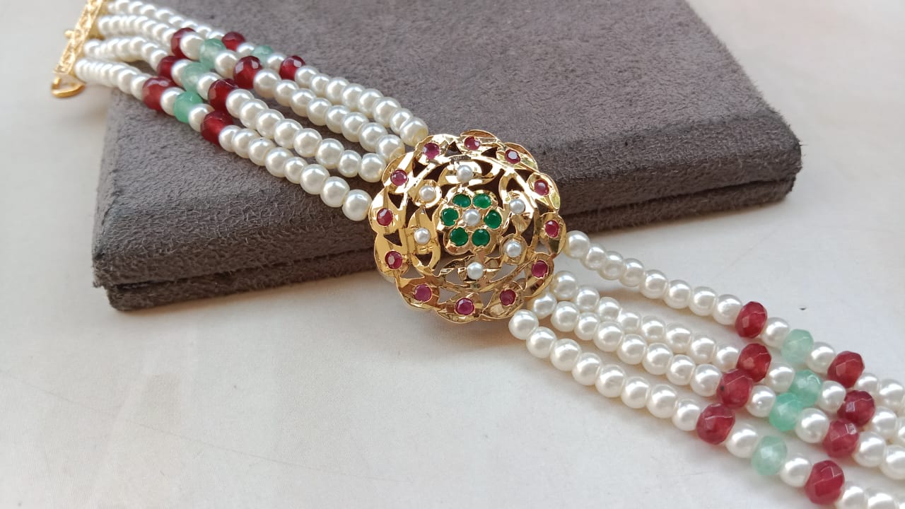 Royal Jadau Bracelet with Elegant Pearl String – Handcrafted Heritage Jewellry