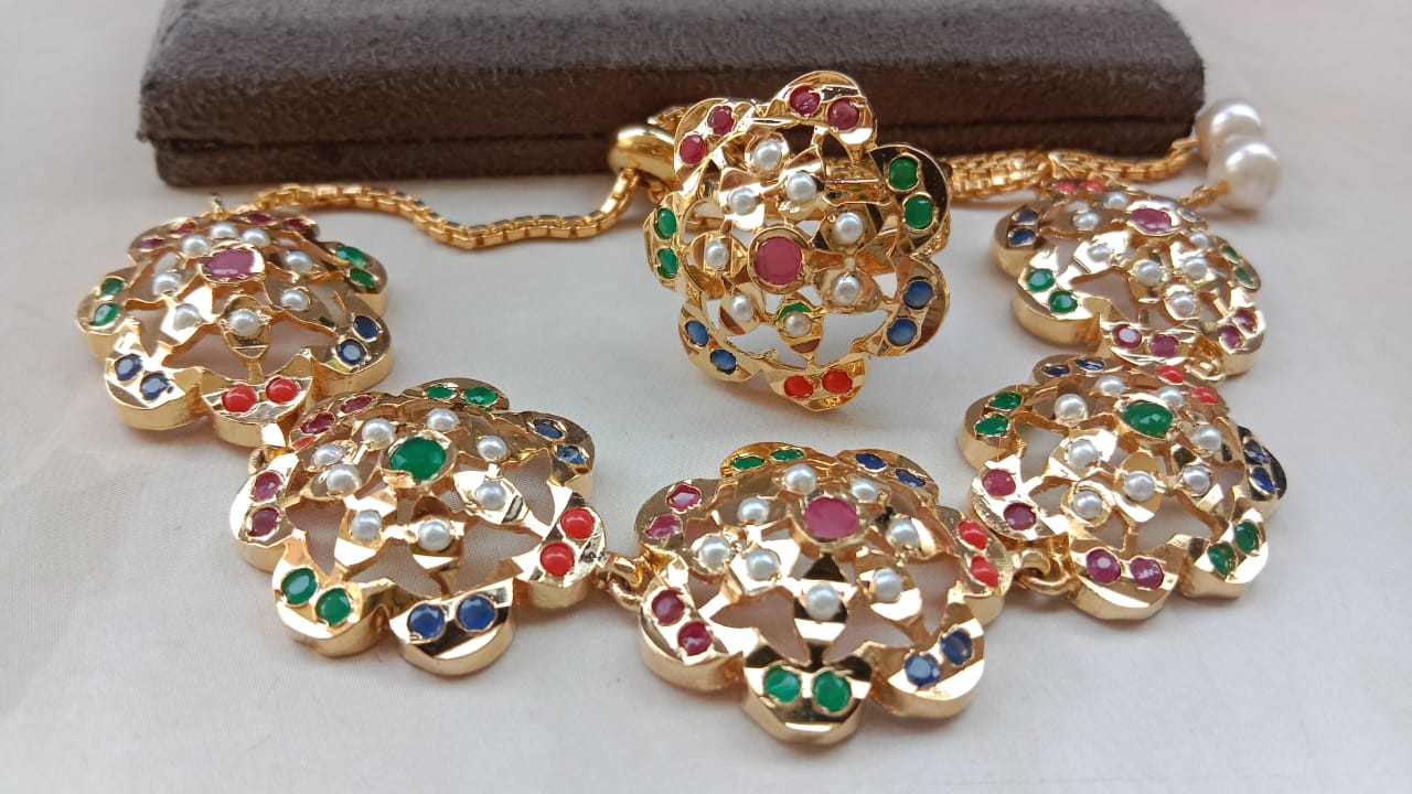 Jaadau Ring & Bracelet Combo – Golden Plated Floral Design