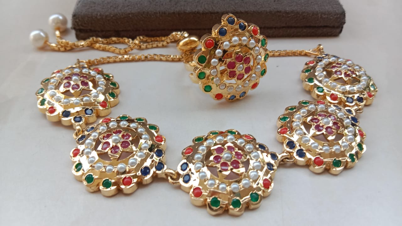 Jaadau Ring Bracelet combo with Golden Plating – Floral Design