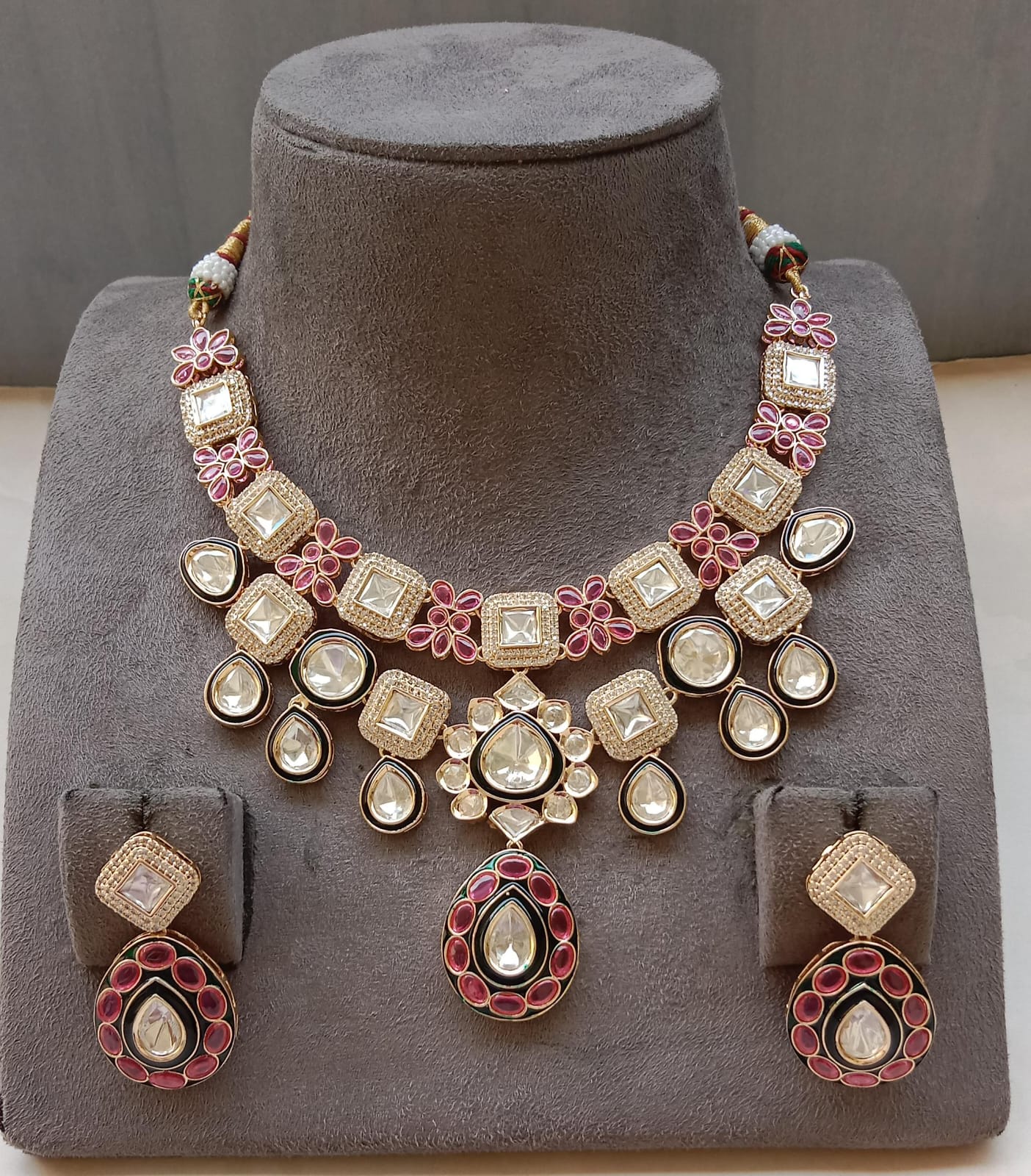 Polki Set with Meenakari Work and Ruby-Colored Stones