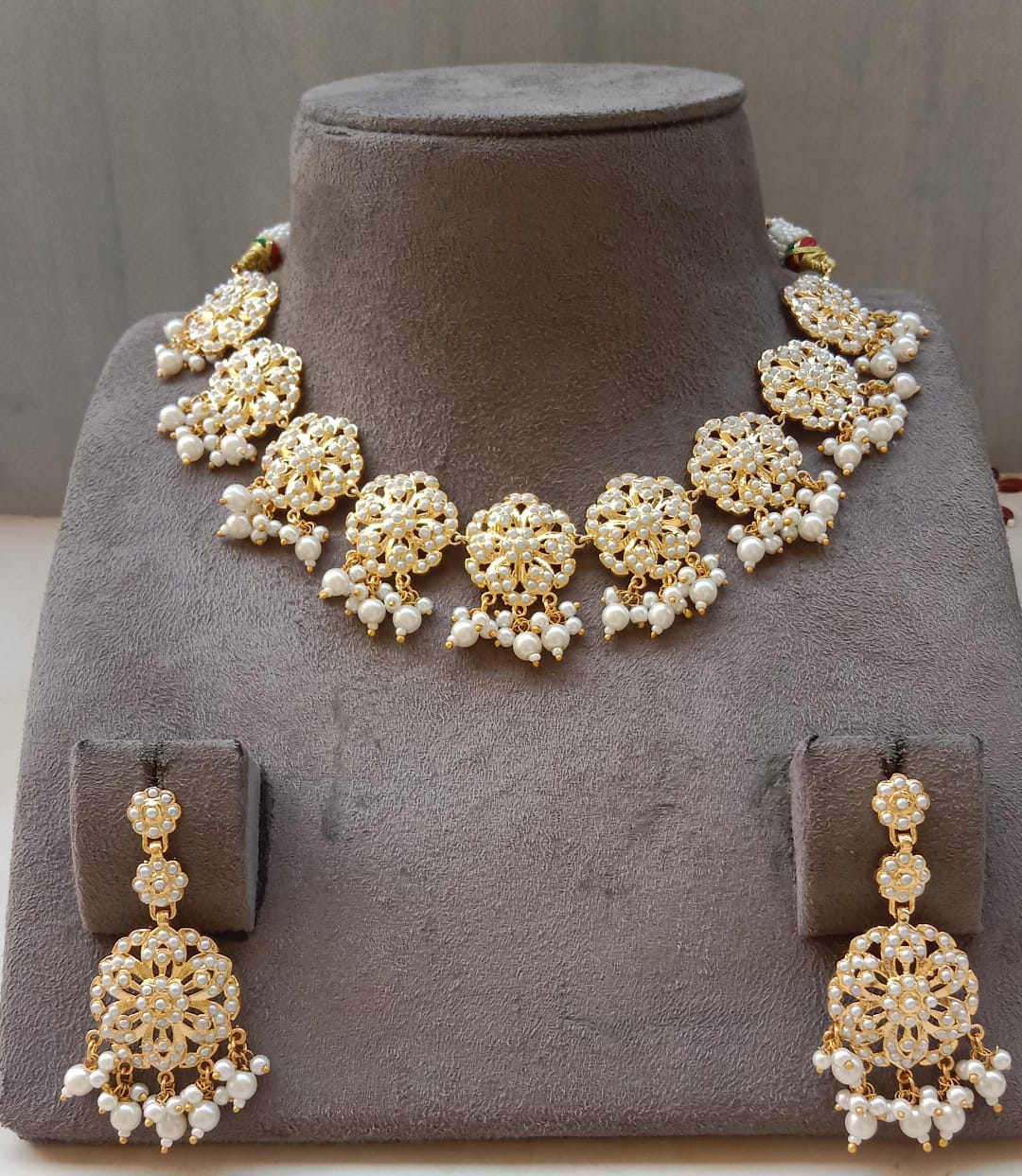 Gold Plated Jadau Necklace Set with Pearl Drops