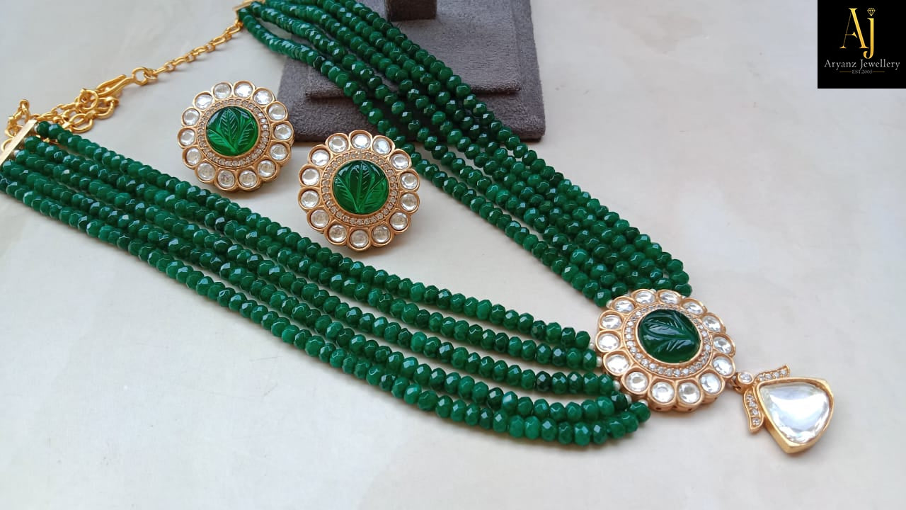 Emerald Carved Stone Beaded Mala Set with Kundan Pendant & Studs