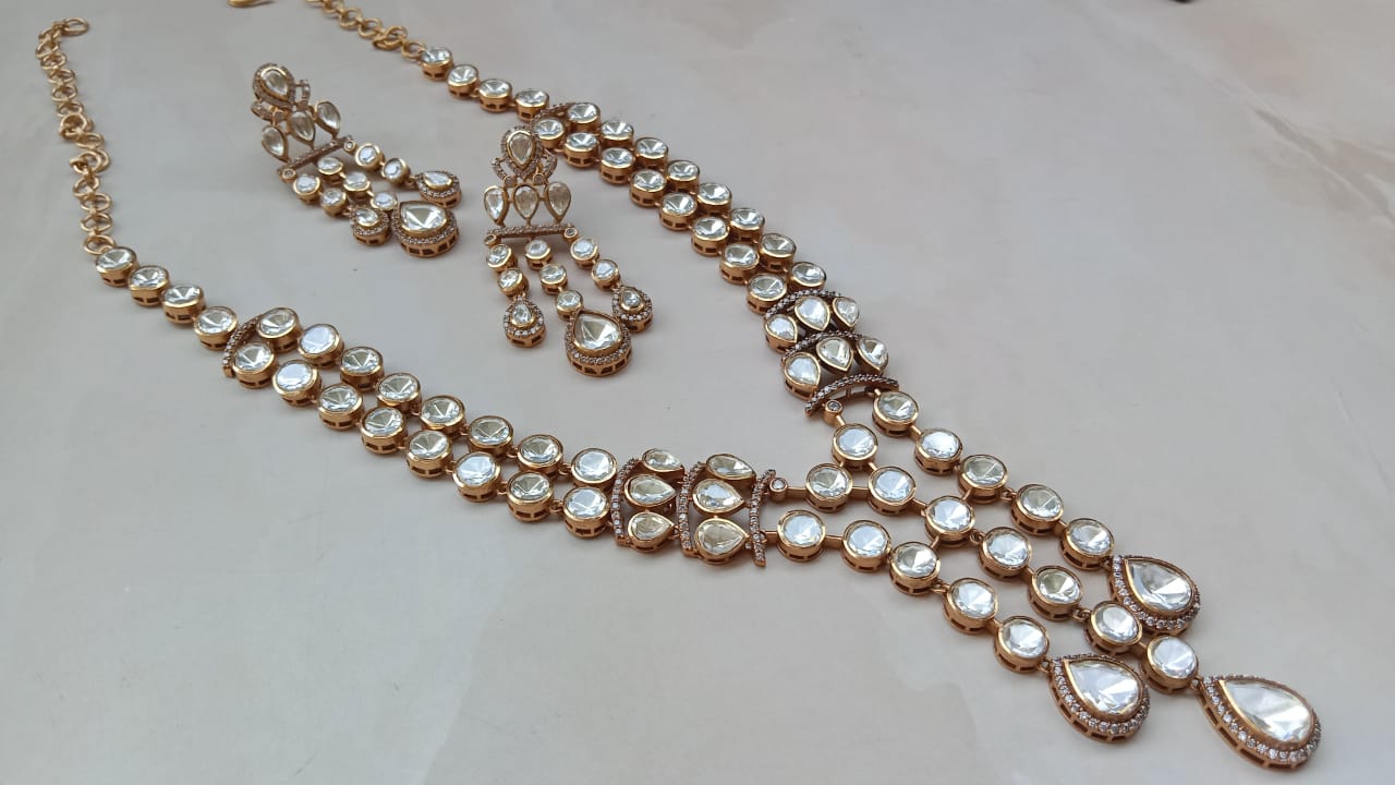 Bridal Polki Droplet Necklace Set – Gold Plated