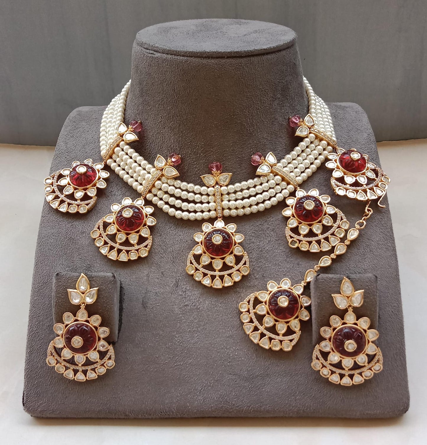 Gold plated Ruby Pearl Floral Set