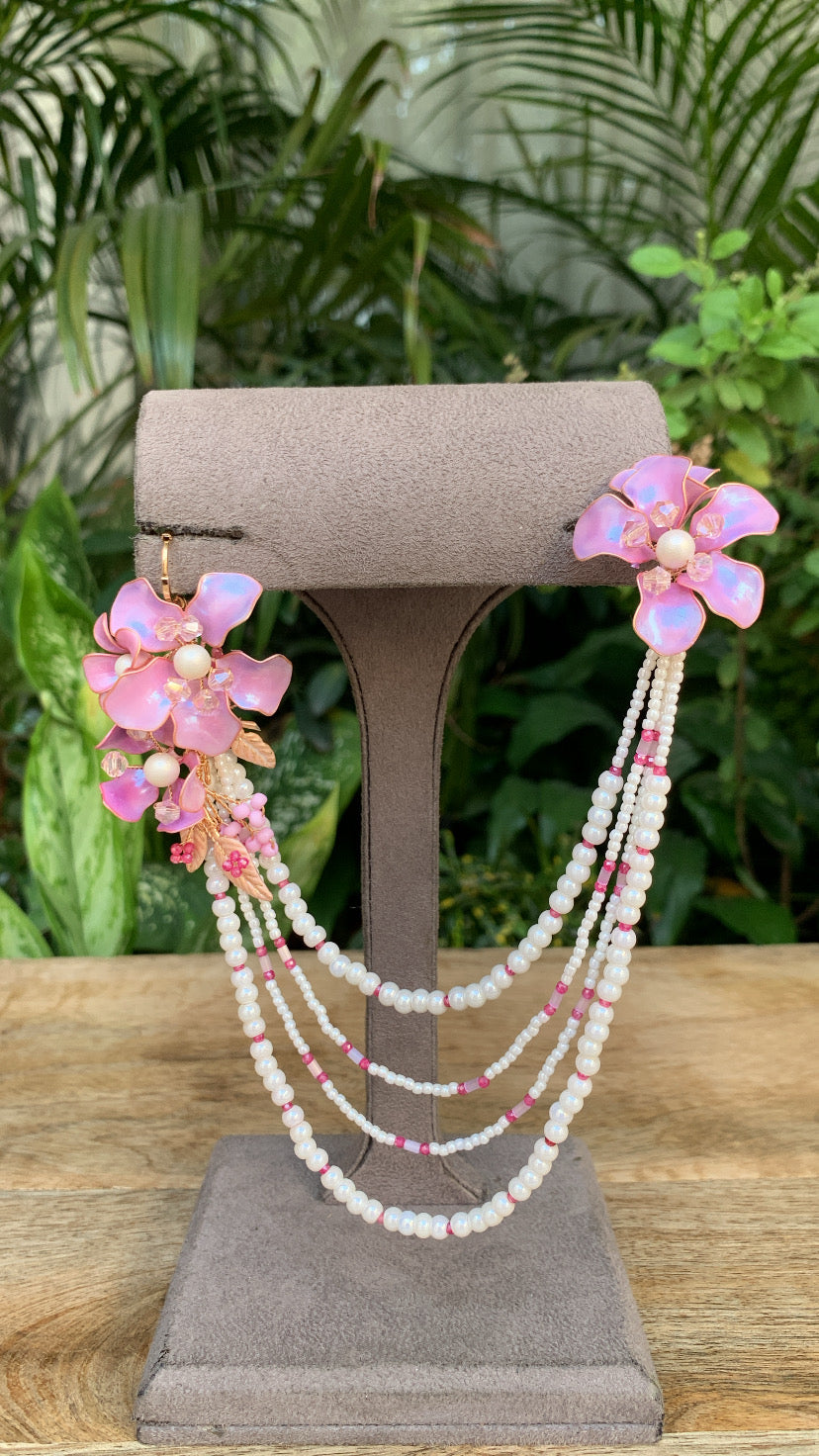 Purple Floral Earrings with Pearl Layer