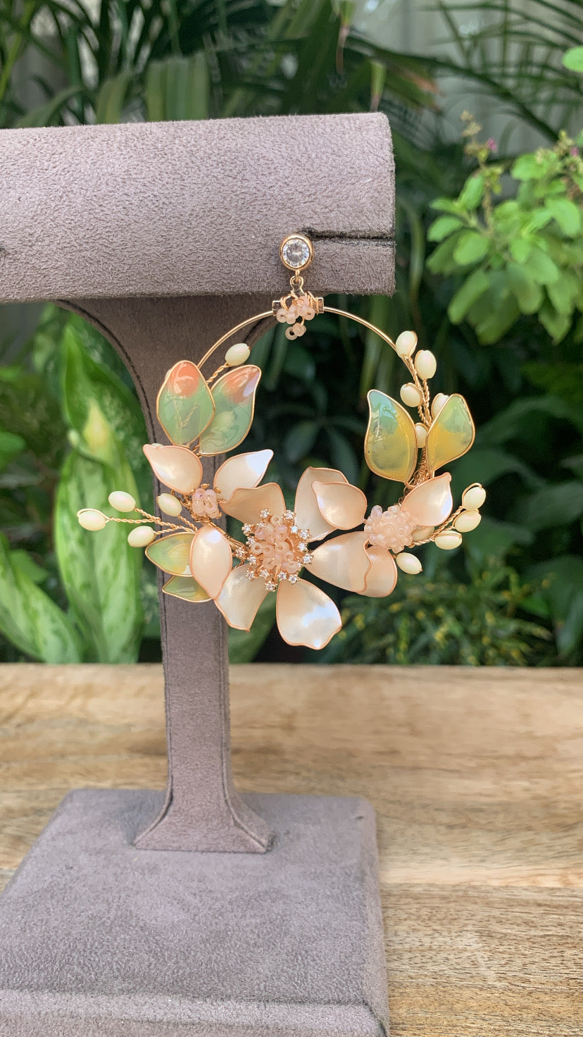 Floral Jewellery Earring in Peach and Green with Golden Finish