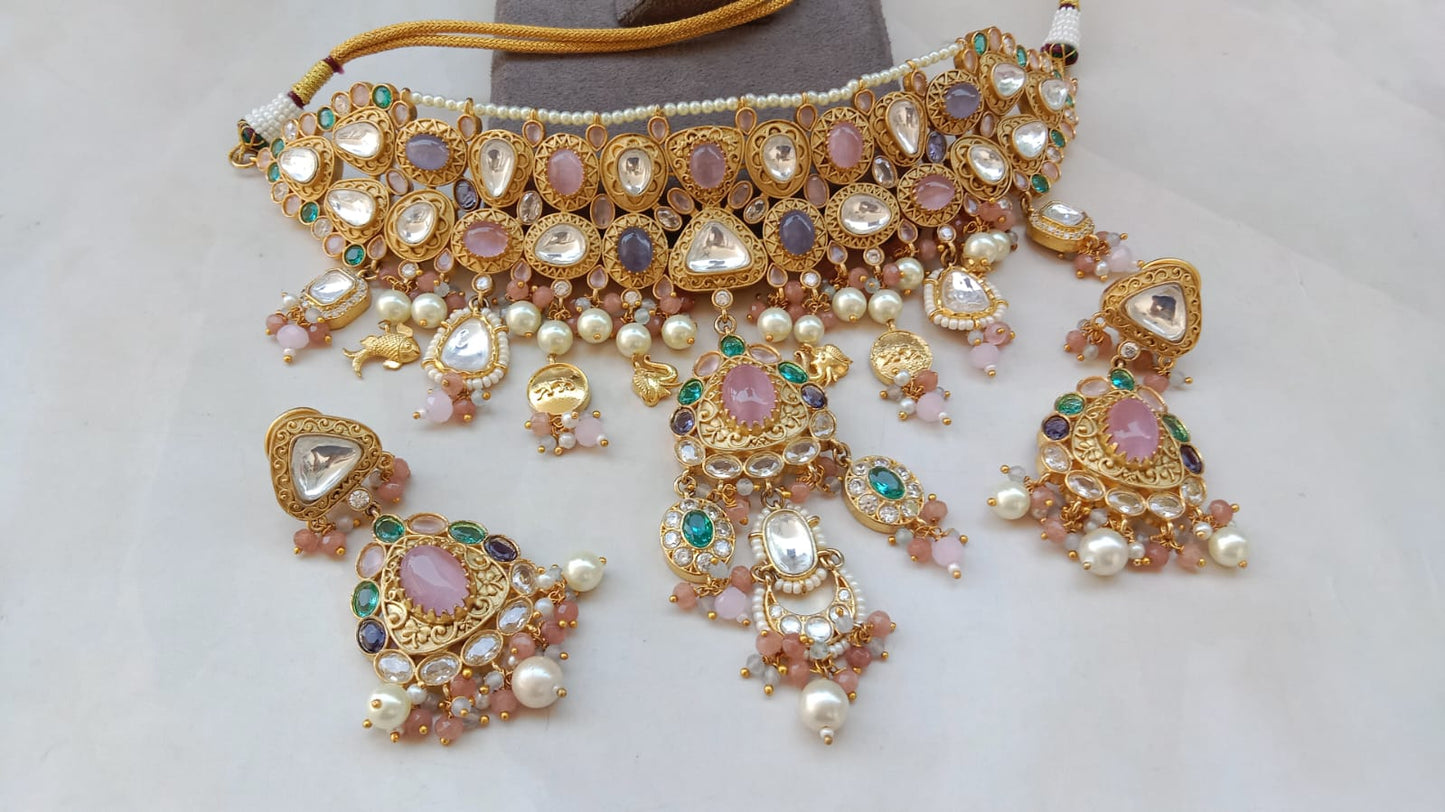 Royal Kundan Polki Choker Set with Pink, Green & Pearl Detailing