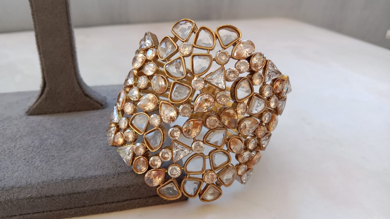 Grand Polki Kundan Statement Cuff Bracelet – Gold Plated