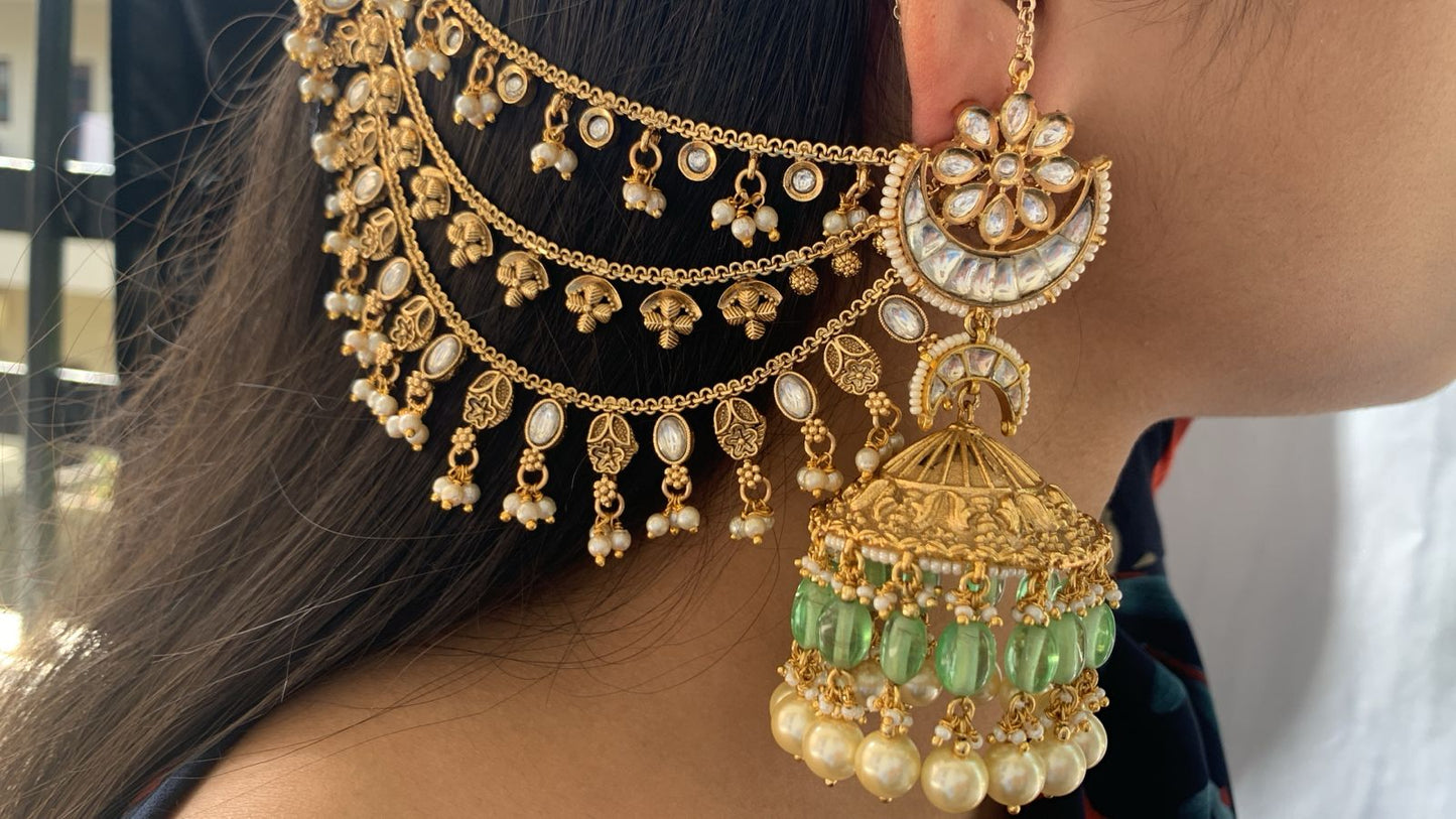 Oxidised Gold-Tone Floral Earchains | Layered with Kundan & Leaf Charms