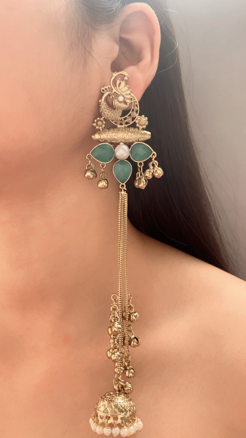 Luxe Long Drop Jhumki with Aqua Stones & Pearl Detail ✨