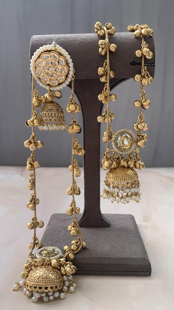 Royal Kundan & Pearl Jhumka Earrings with Long Chain Ghungroo Detailing