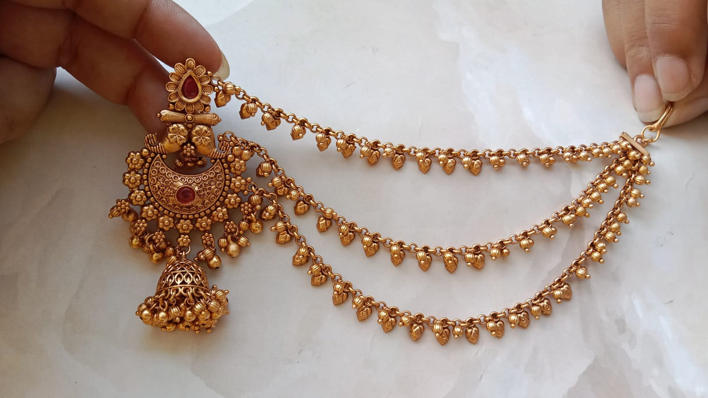 Antique Golden Multi-Layer Ear Chain Jhumki Earrings