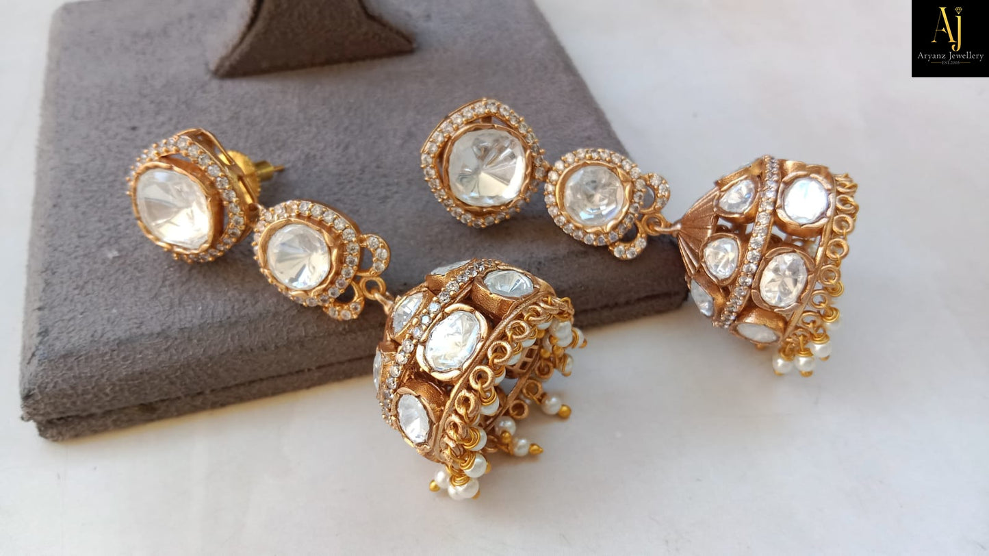 Luxury Gold Plated Polki Jhumki Earrings with Pearl Drops | Statement Bridal & Party Wear Jewellery