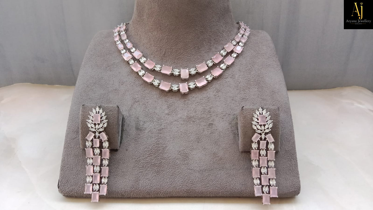Luxury Blush Pink American Diamond Necklace Set | Rhodium Plated Party Wear & Bridal Jewellery