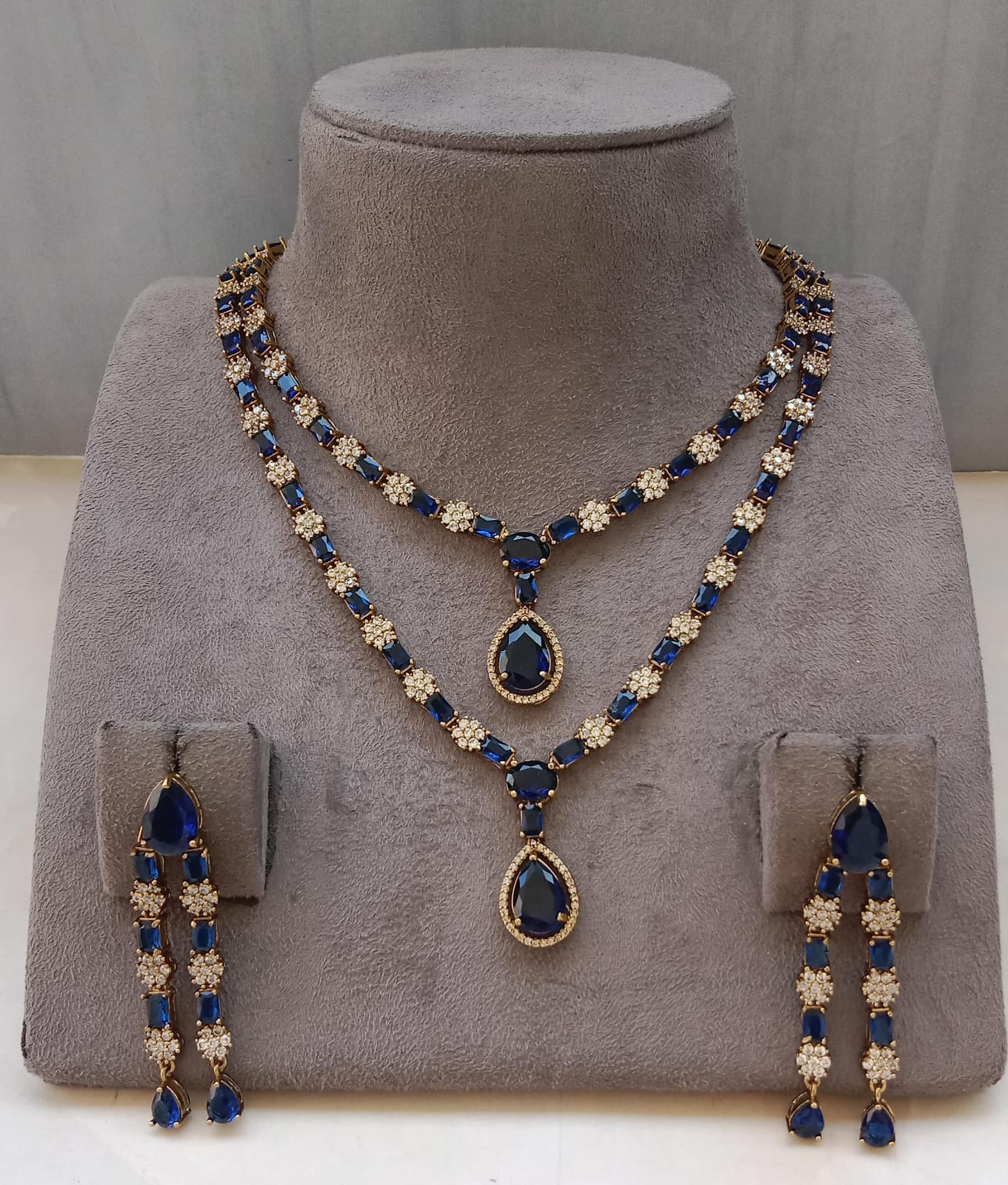 Luxury Sapphire Blue American Diamond Necklace Set | Gold Plated Bridal & Party Wear Jewellery