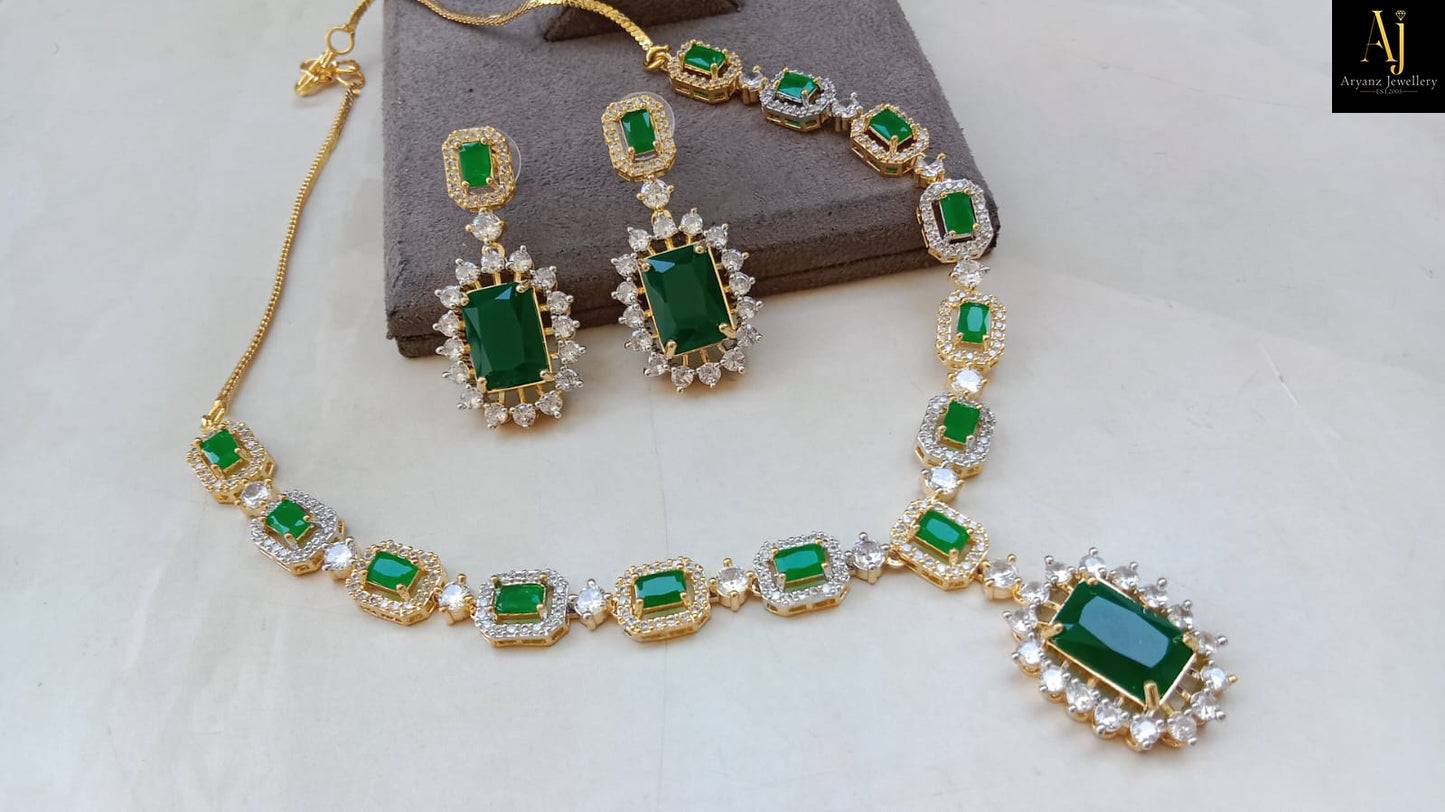 Luxury Emerald Green American Diamond Necklace Set | Gold Plated Party Wear & Bridal Jewellery