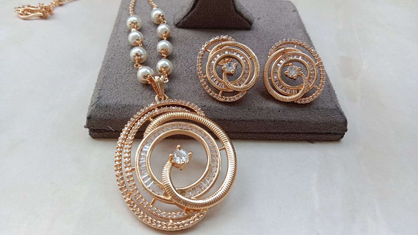 Gold Plated AD Pendant Set with Matching Earrings – Elegant Designer Jewellery Set
