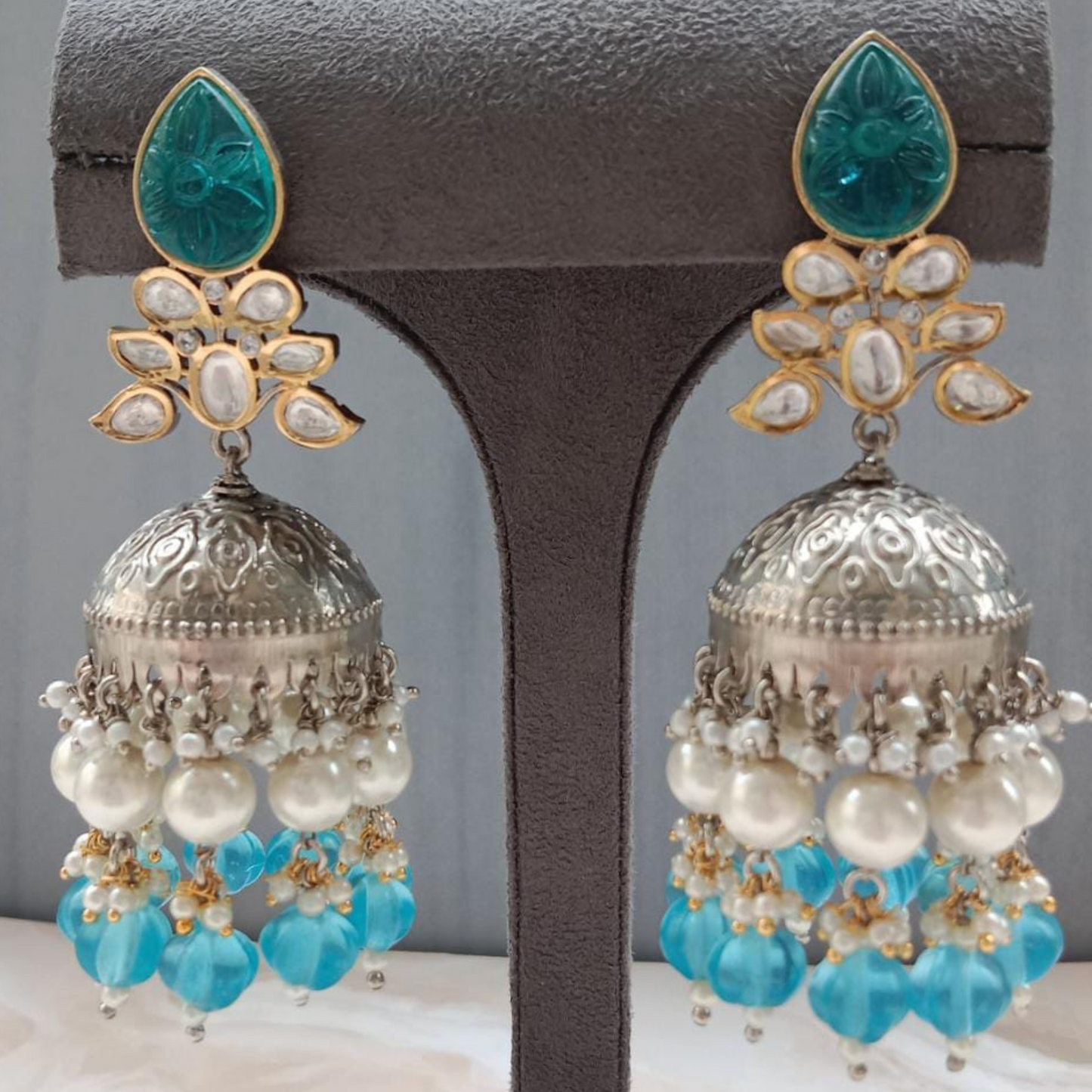 Carved stones Kundan Jhumki in dual Plating