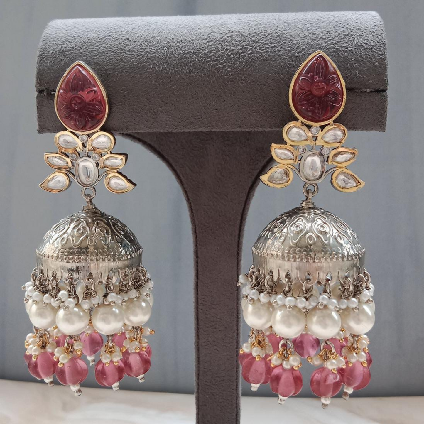 Carved stones Kundan Jhumki in dual Plating