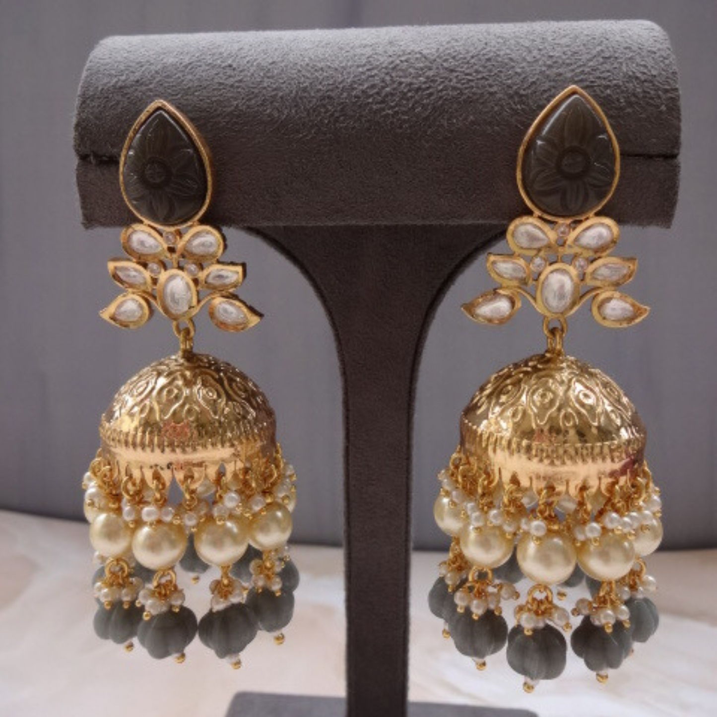 Carved stones Kundan Jhumki in dual Plating