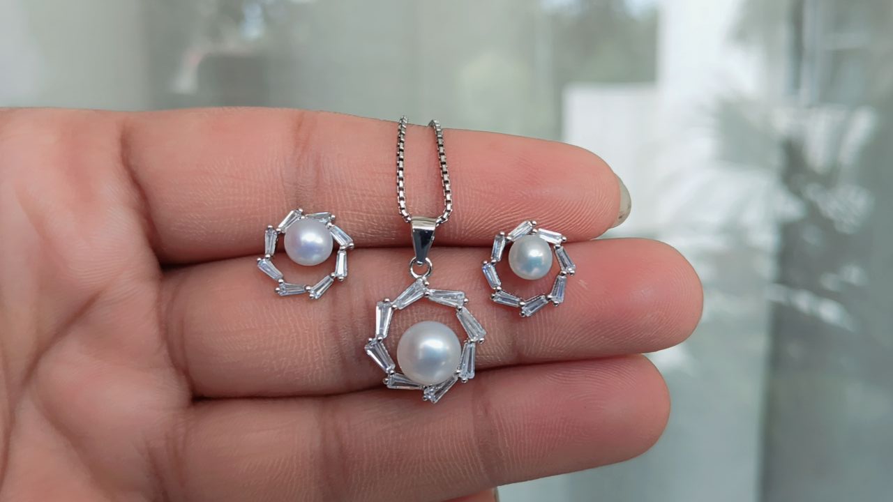 925 Pure Silver Pearl Pendent Set