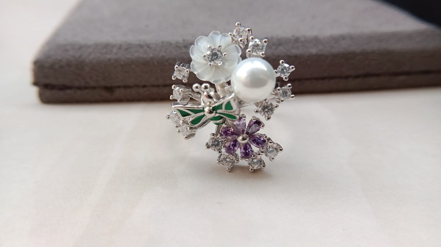 925 Pure Silver Pearl Amethyst Ring