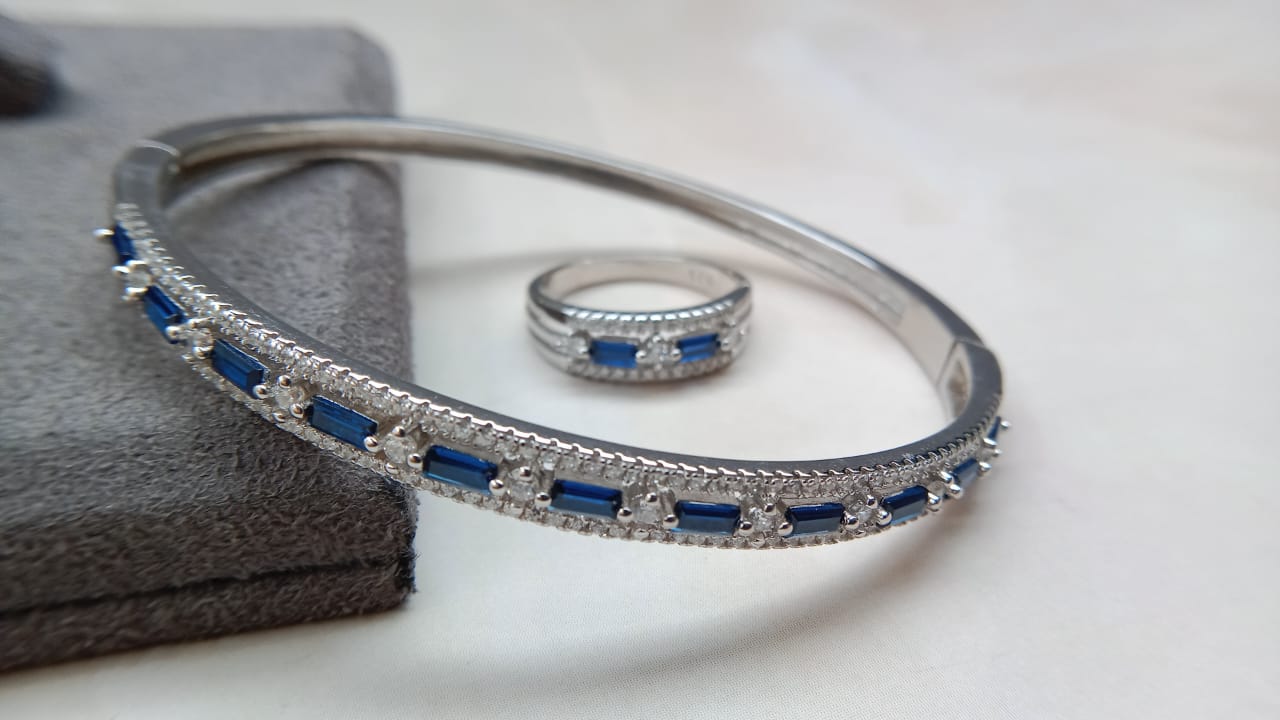 925 Pure Silver Sapphire Ring Bracelet Combo