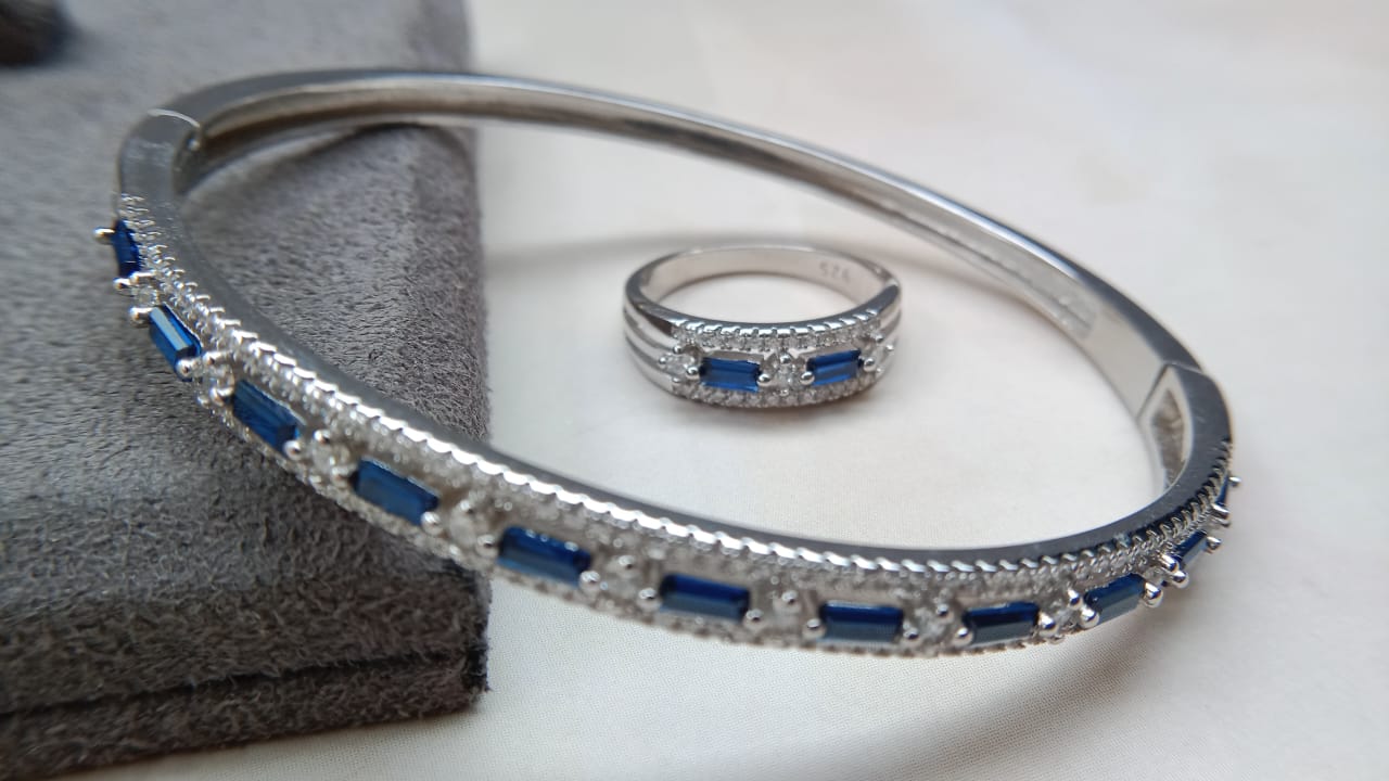 925 Pure Silver Sapphire Ring Bracelet Combo