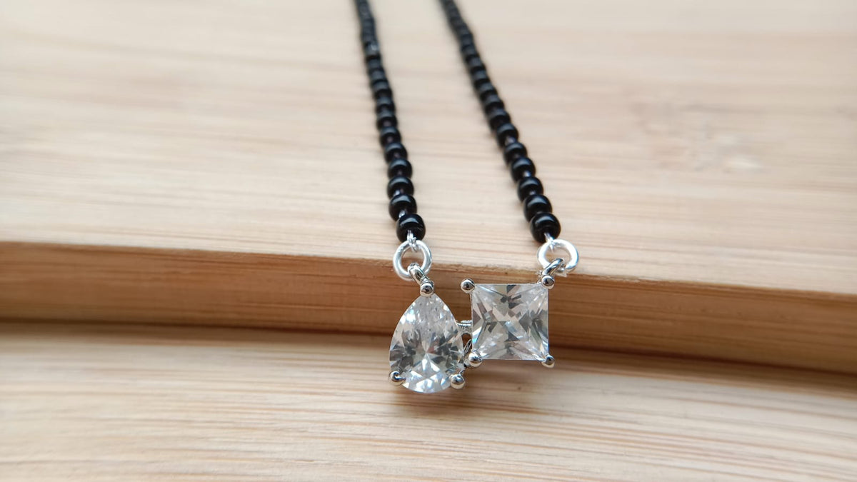 925 pure silver Elegant Black Beaded Mangalsutra with Sparkling Crystal Pendant