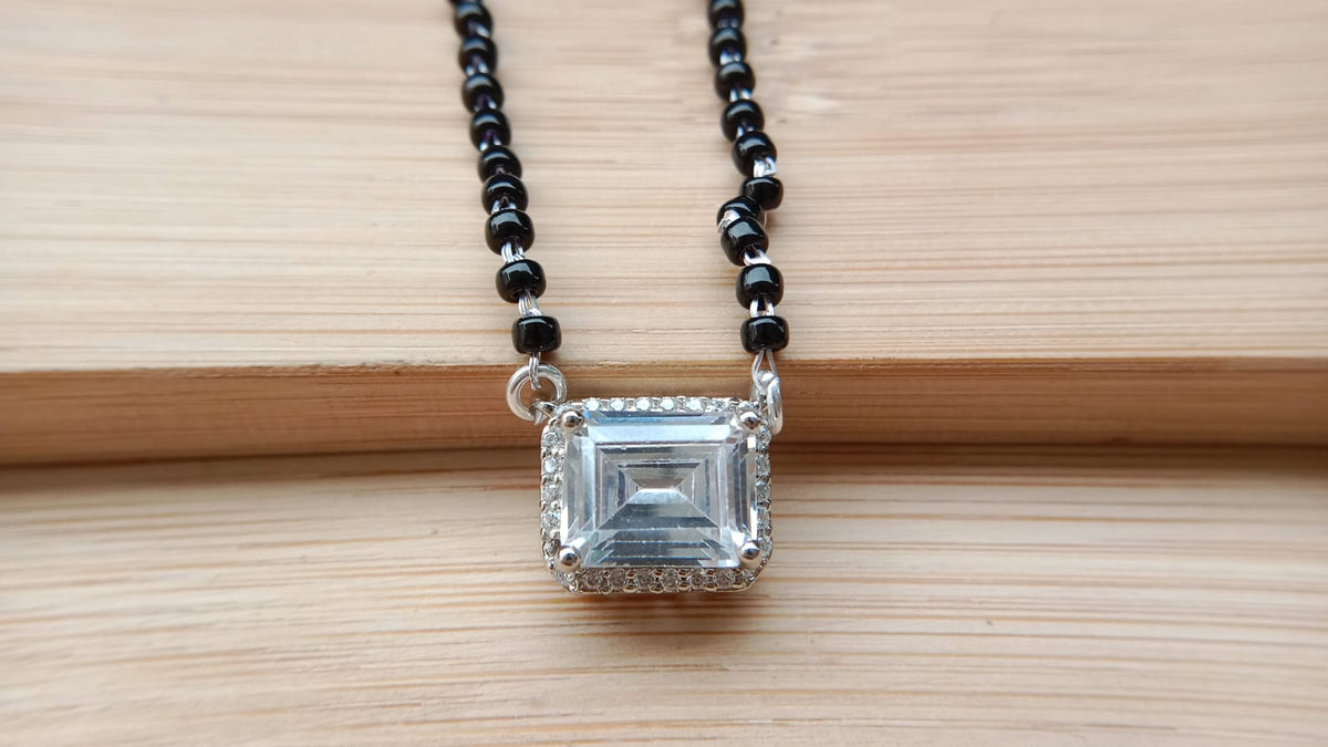 925 Sterling Silver Black Beaded Mangalsutra with Elegant Square-Cut Pendant