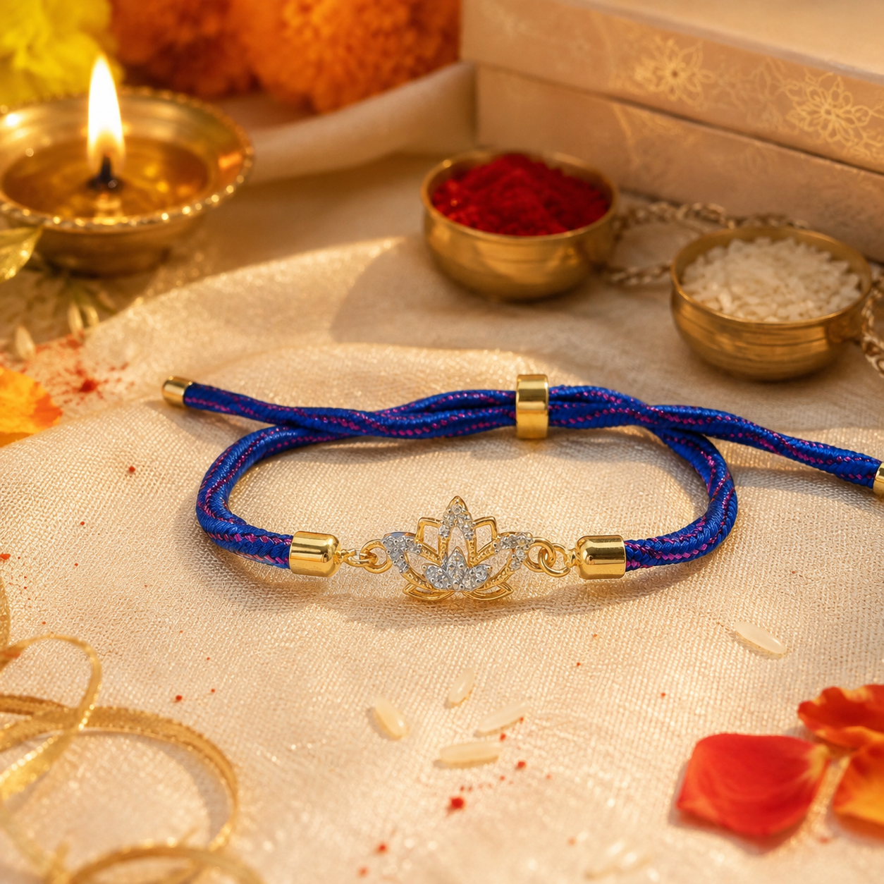 925 Pure Sterling Silver Lotus Rakhi Bracelet | Adjustable Blue Thread Rakhi