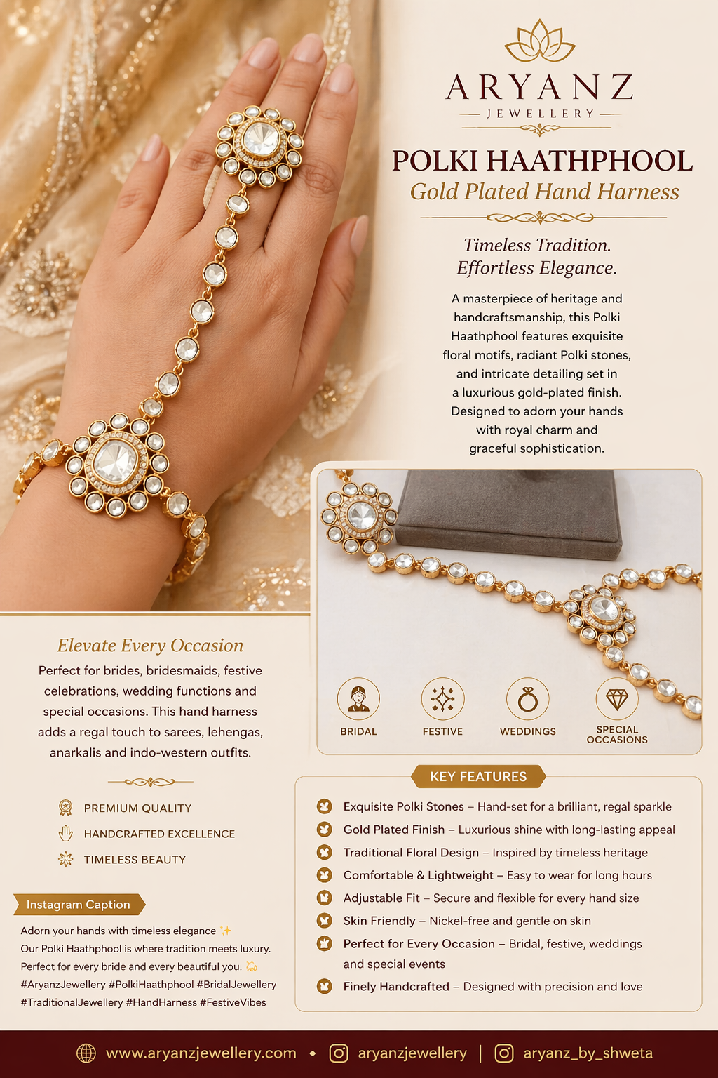 Luxury Gold-Plated Polki Haathphool – Bridal Hand Harness Jewellery | Traditional Indian Hand Ornament by Aryanz Jewellery