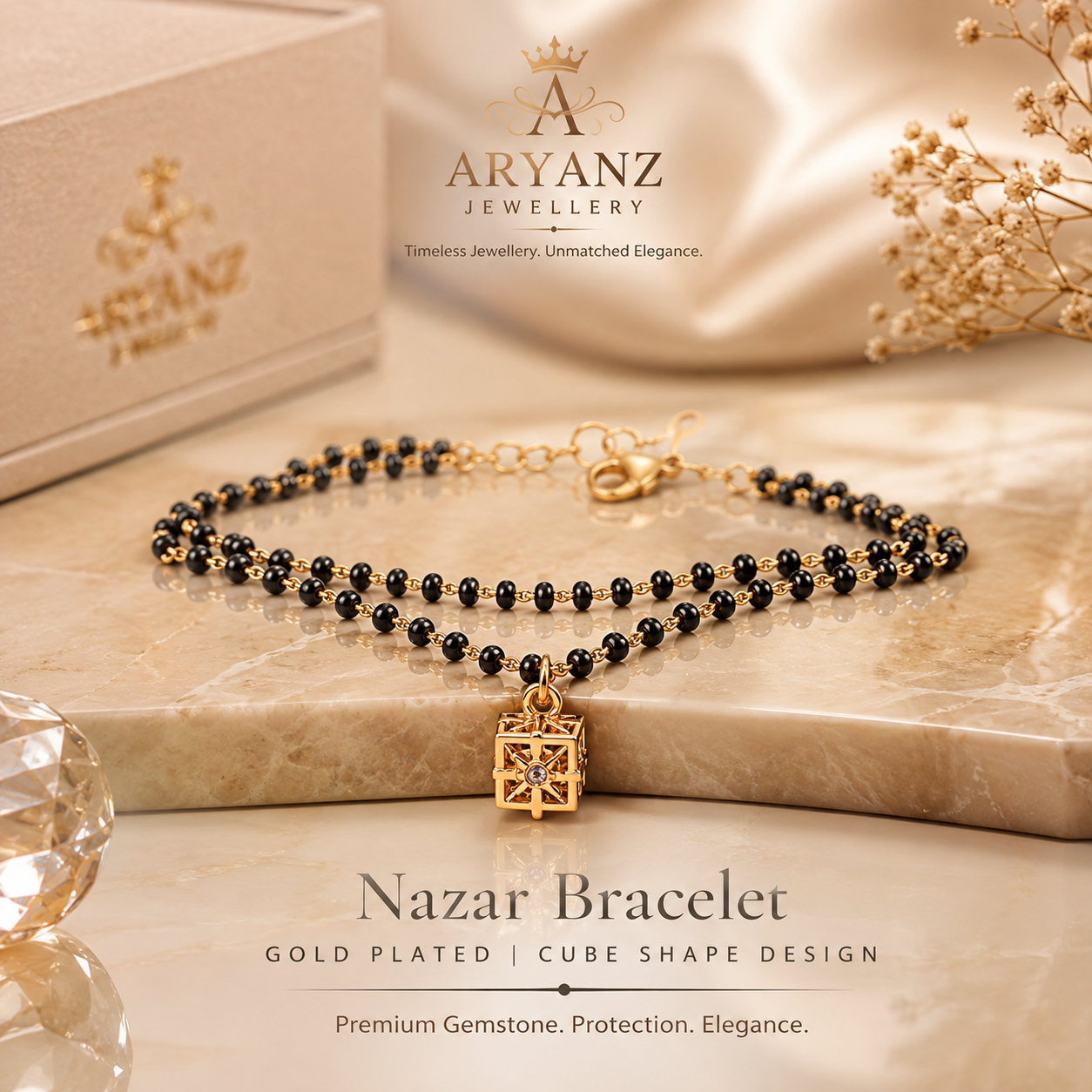 Premium Gold and rose gold Plated Nazar Bracelet | Cube Shape Gemstone Bracelet | Aryanz Jewellery