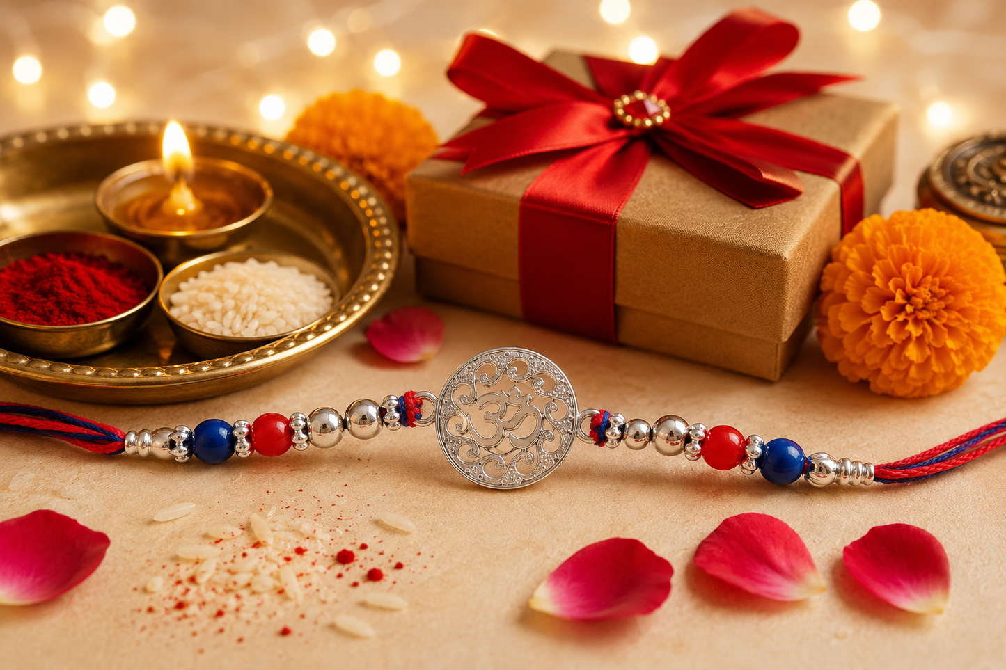Designer Om Rakhi with Red & Blue Beads | Aryanz Jewellery