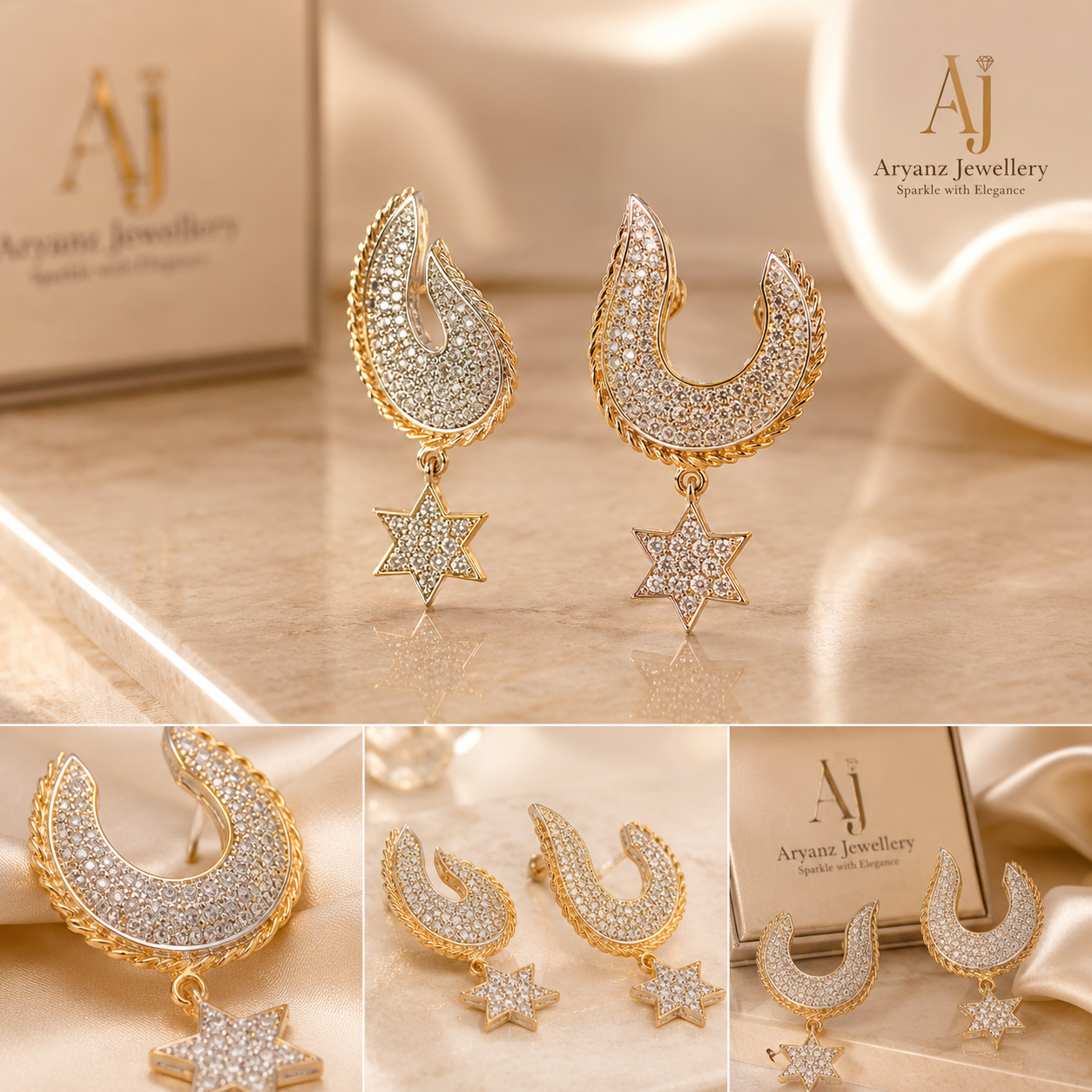 Luxury AD Star Design Gold Plated Statement Earrings | Party Wear Bridal Indian Jewellery