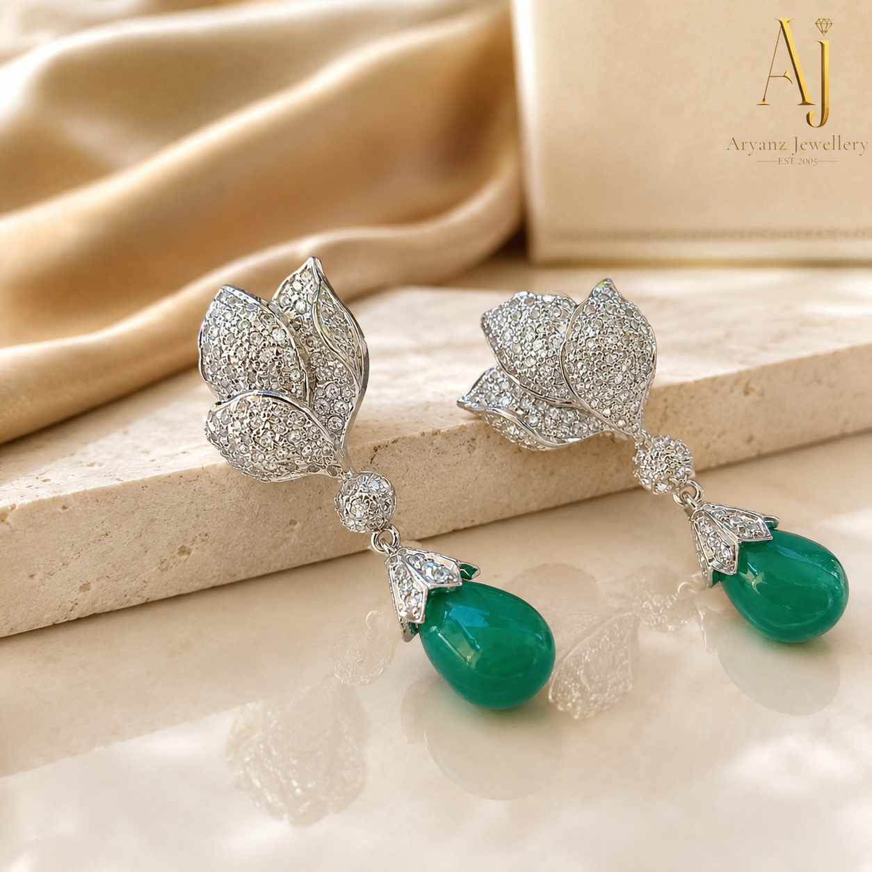 Luxury AD Floral Rodium Plated Green Drop Earrings | Bridal Party Wear Statement Indian Jewellery
