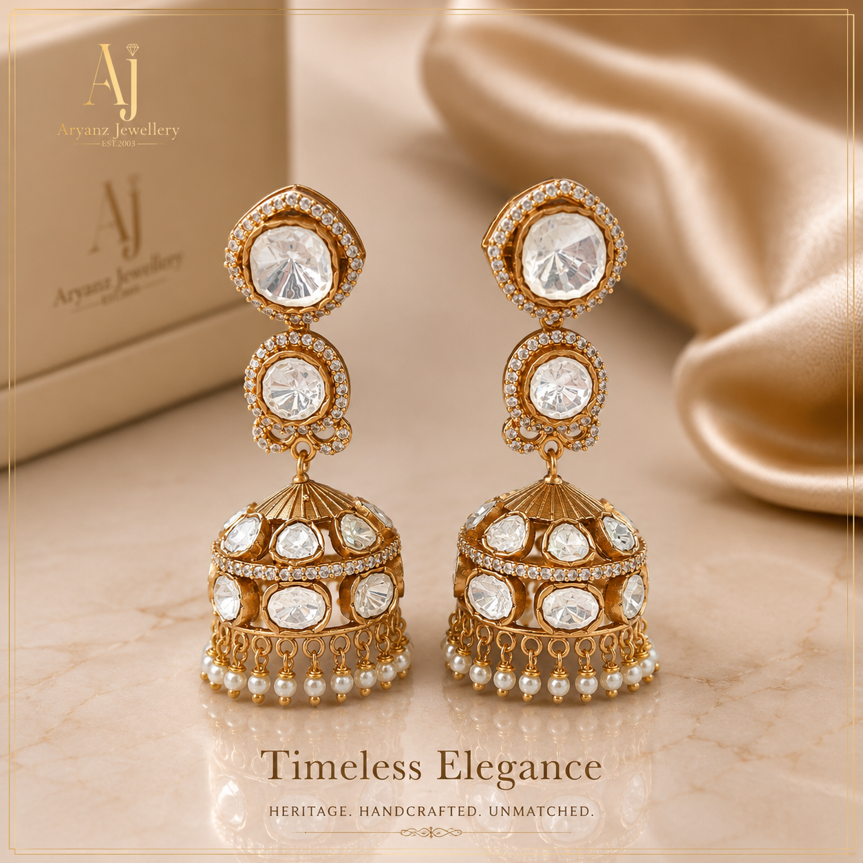 Luxury Gold Plated Polki Jhumki Earrings with Pearl Drops | Statement Bridal & Party Wear Jewellery