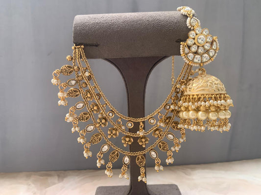 Royal Meenakari Jhumki with Multi-Layer Ear Chain – Pearl & Kundan Work