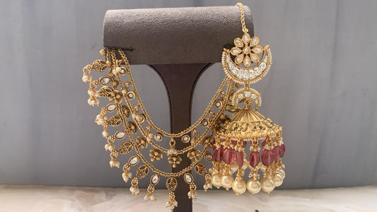Heritage Kundan Jhumki with Beads & Multi-Layer Ear Chain