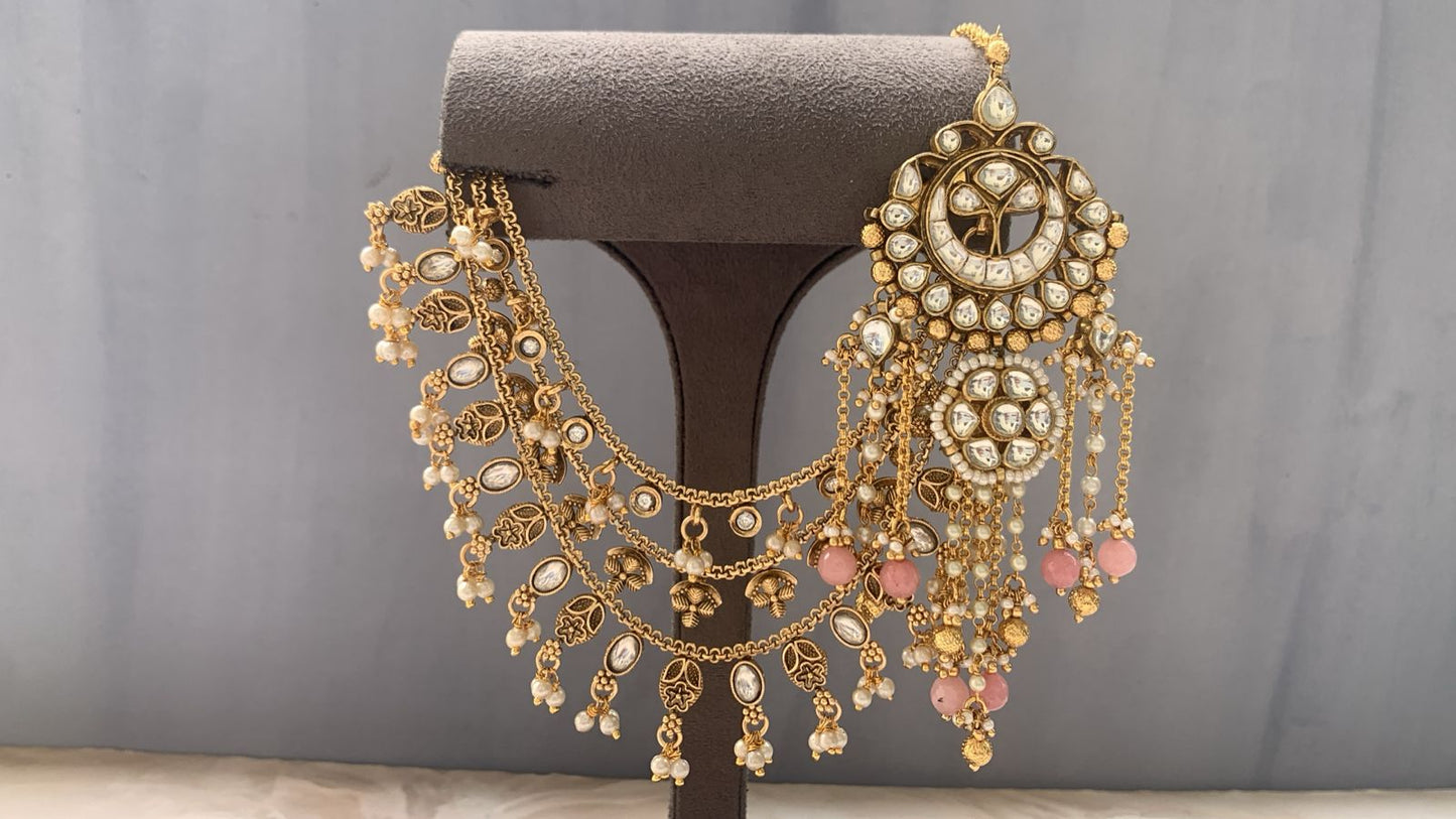 Kundan Earrings with Pink Beads & Multi-Layer Ear Chain