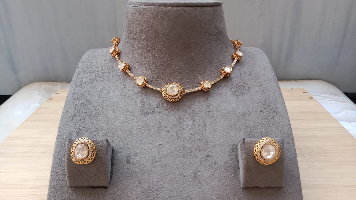 Gold-Plated Kundan-Style Necklace Set with Matching Earrings