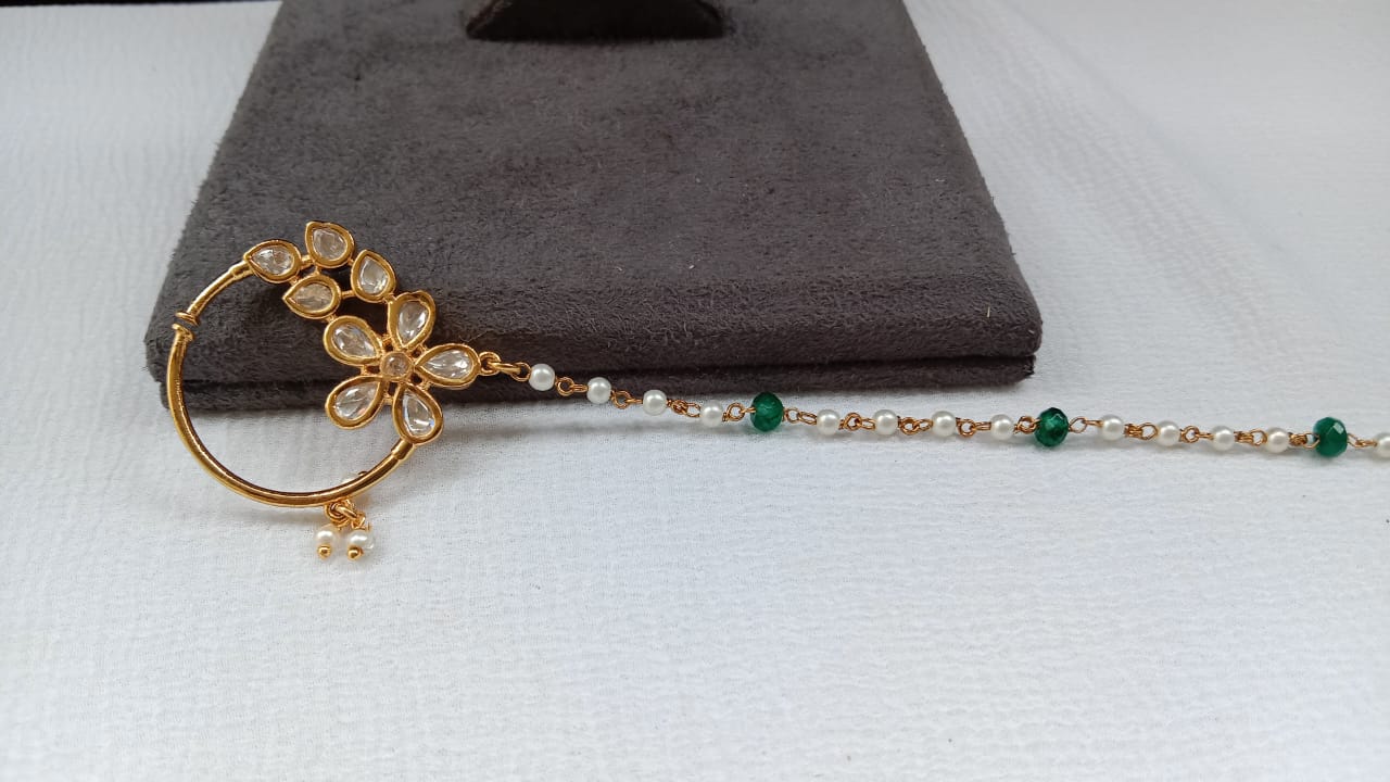 Kundan Floral Nose Ring with Gold Plating & Pearl–Green Bead Chain