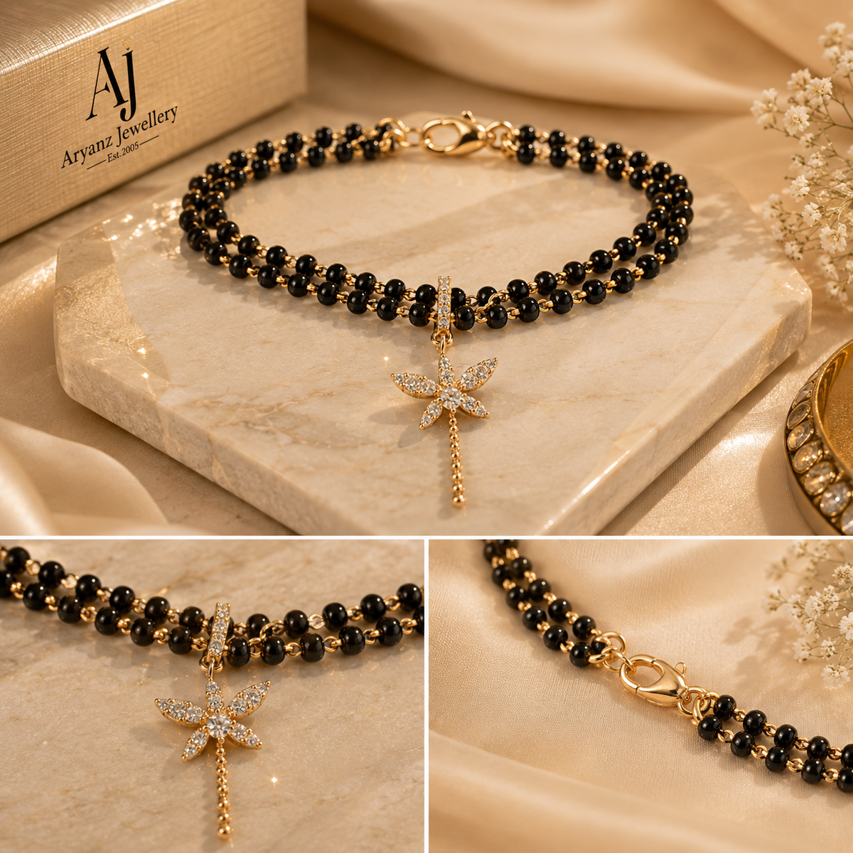 Gold Plated Black Beaded Nazar Bracelet with AD Flower Charm