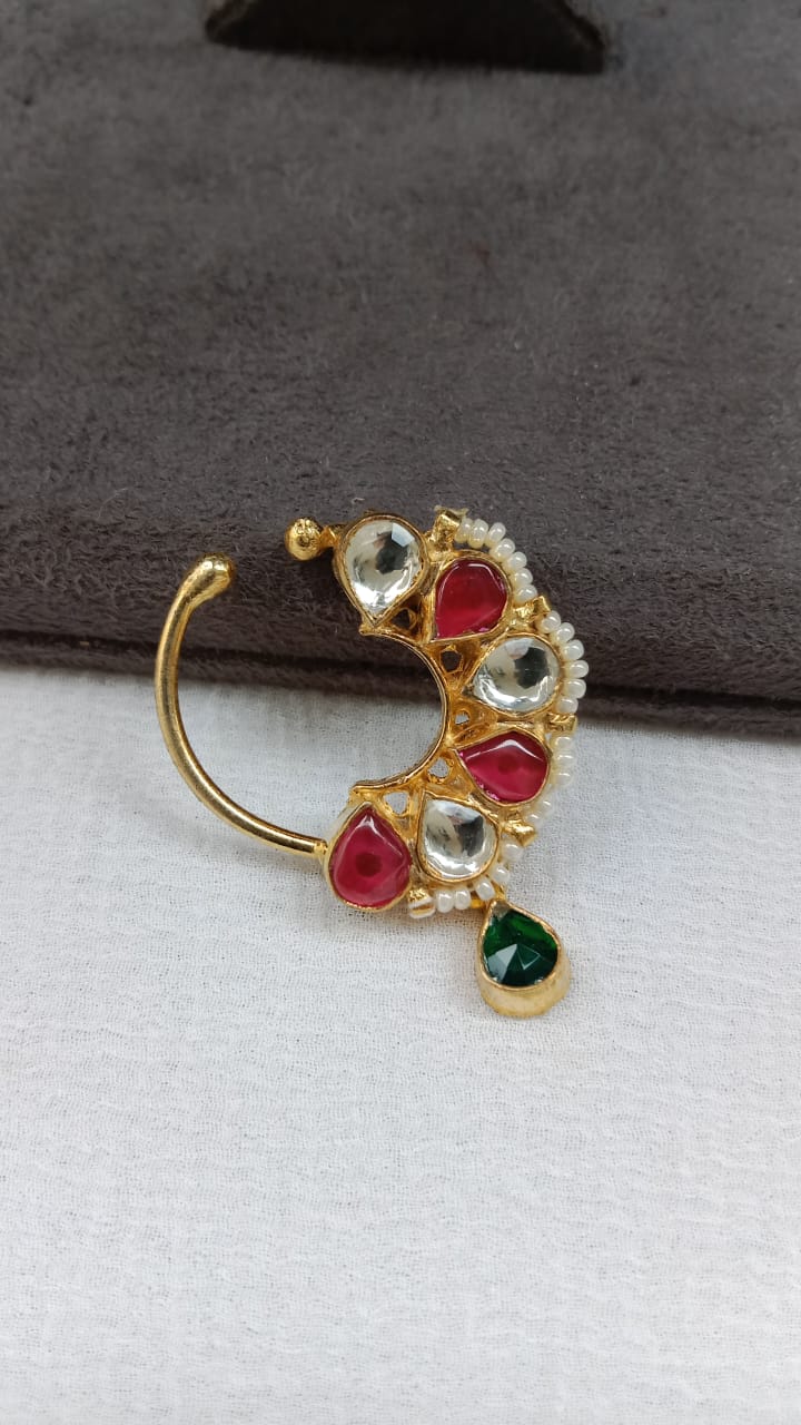 Bridal Kundan Crescent Nosering with Pearl Detailing – Ruby/Green & White Variants