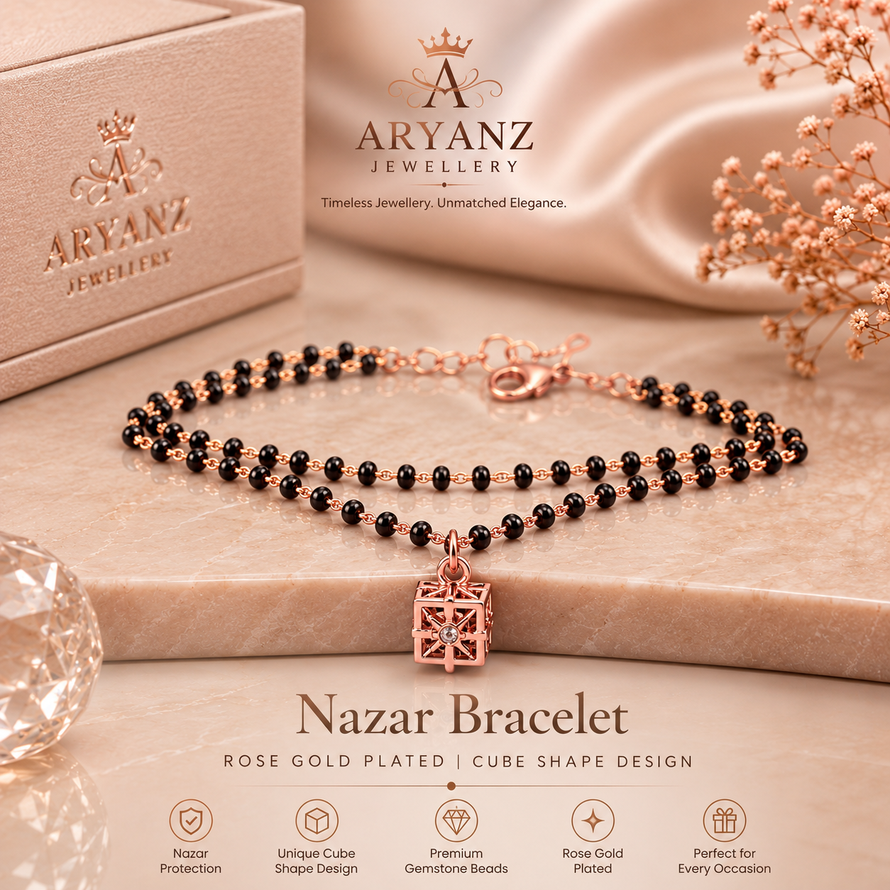 Premium Gold and rose gold Plated Nazar Bracelet | Cube Shape Gemstone Bracelet | Aryanz Jewellery
