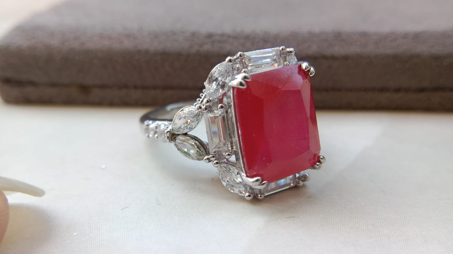 Luxury Emerald-Cut Statement Ring Collection for Women | Silver Finish CZ Cocktail Rings | Ruby Red, Emerald Green, Sapphire Blue & Champagne Stone