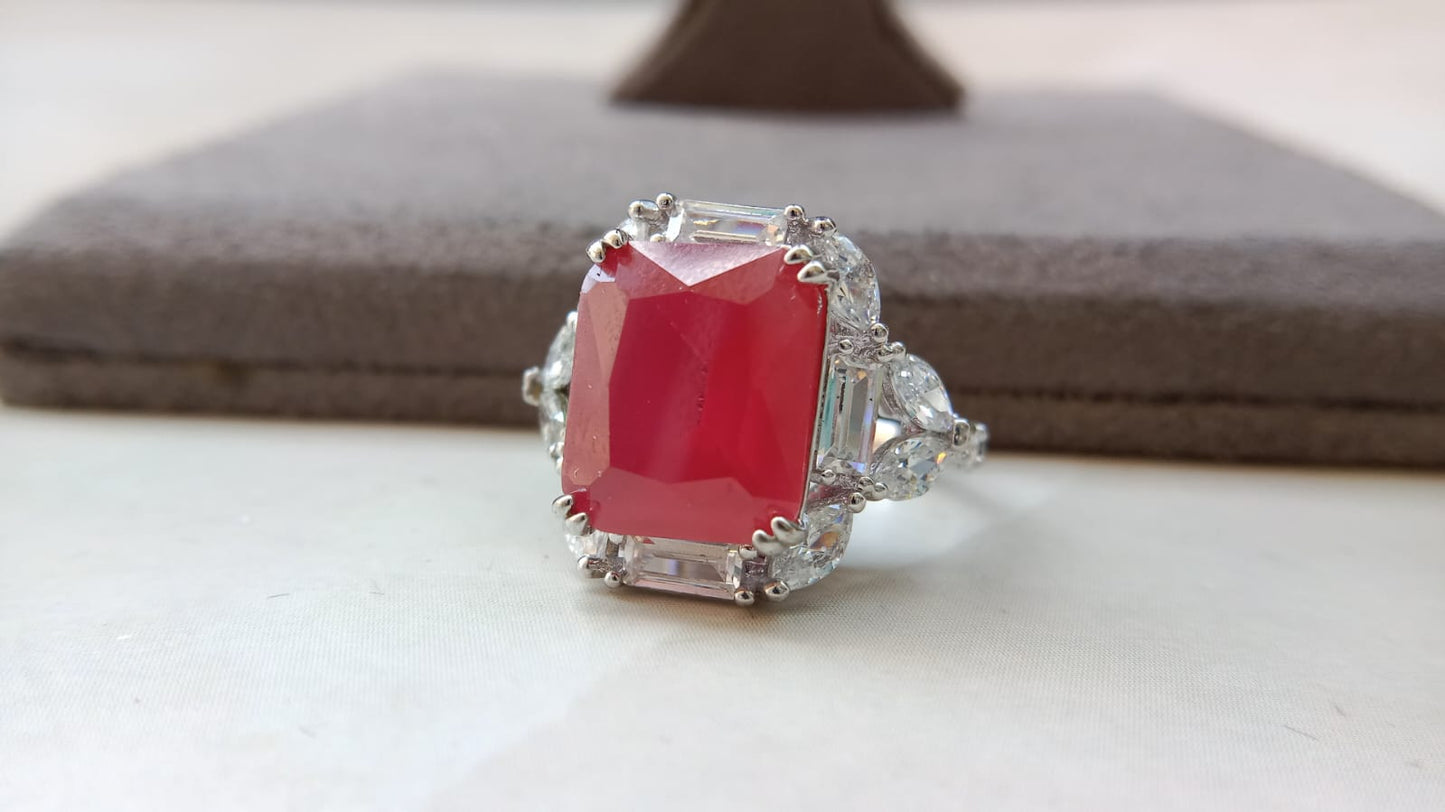 Luxury Emerald-Cut Statement Ring Collection for Women | Silver Finish CZ Cocktail Rings | Ruby Red, Emerald Green, Sapphire Blue & Champagne Stone