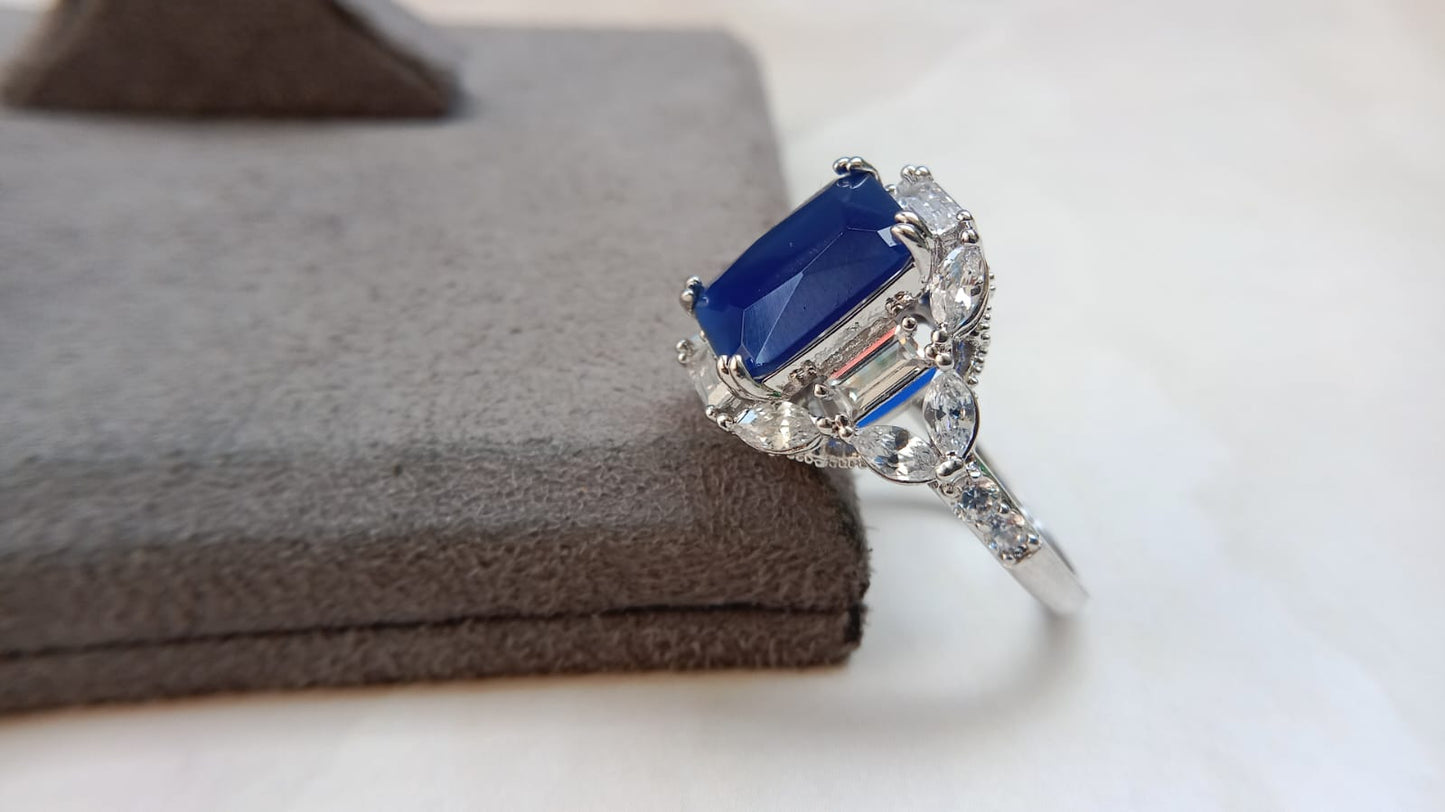 Luxury Emerald-Cut Statement Ring Collection for Women | Silver Finish CZ Cocktail Rings | Ruby Red, Emerald Green, Sapphire Blue & Champagne Stone