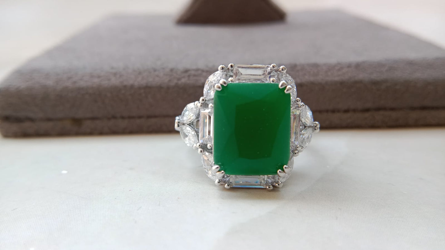 Luxury Emerald-Cut Statement Ring Collection for Women | Silver Finish CZ Cocktail Rings | Ruby Red, Emerald Green, Sapphire Blue & Champagne Stone